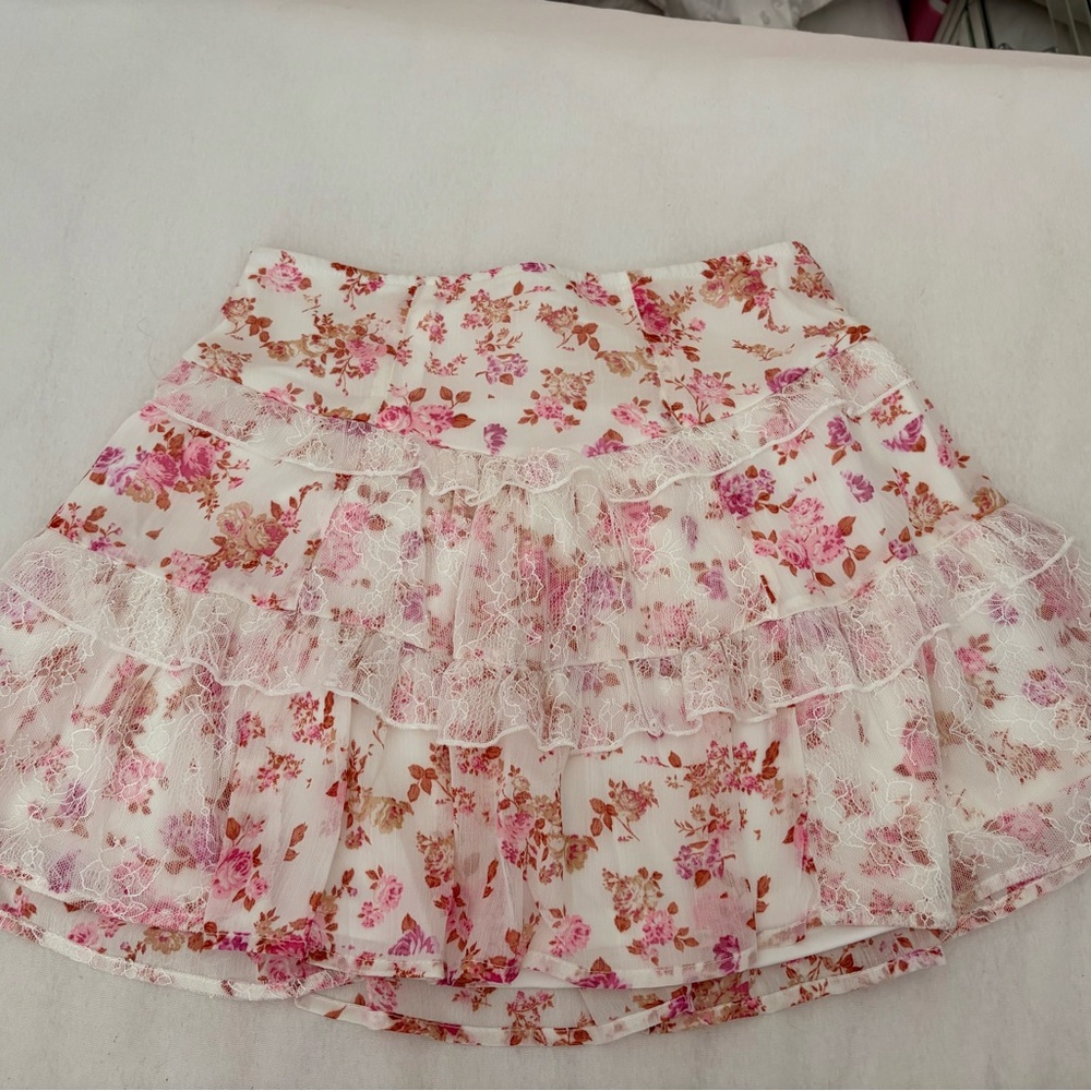 Francesca's Collections Pink and Cream Floral Ruffle Skater Skirt